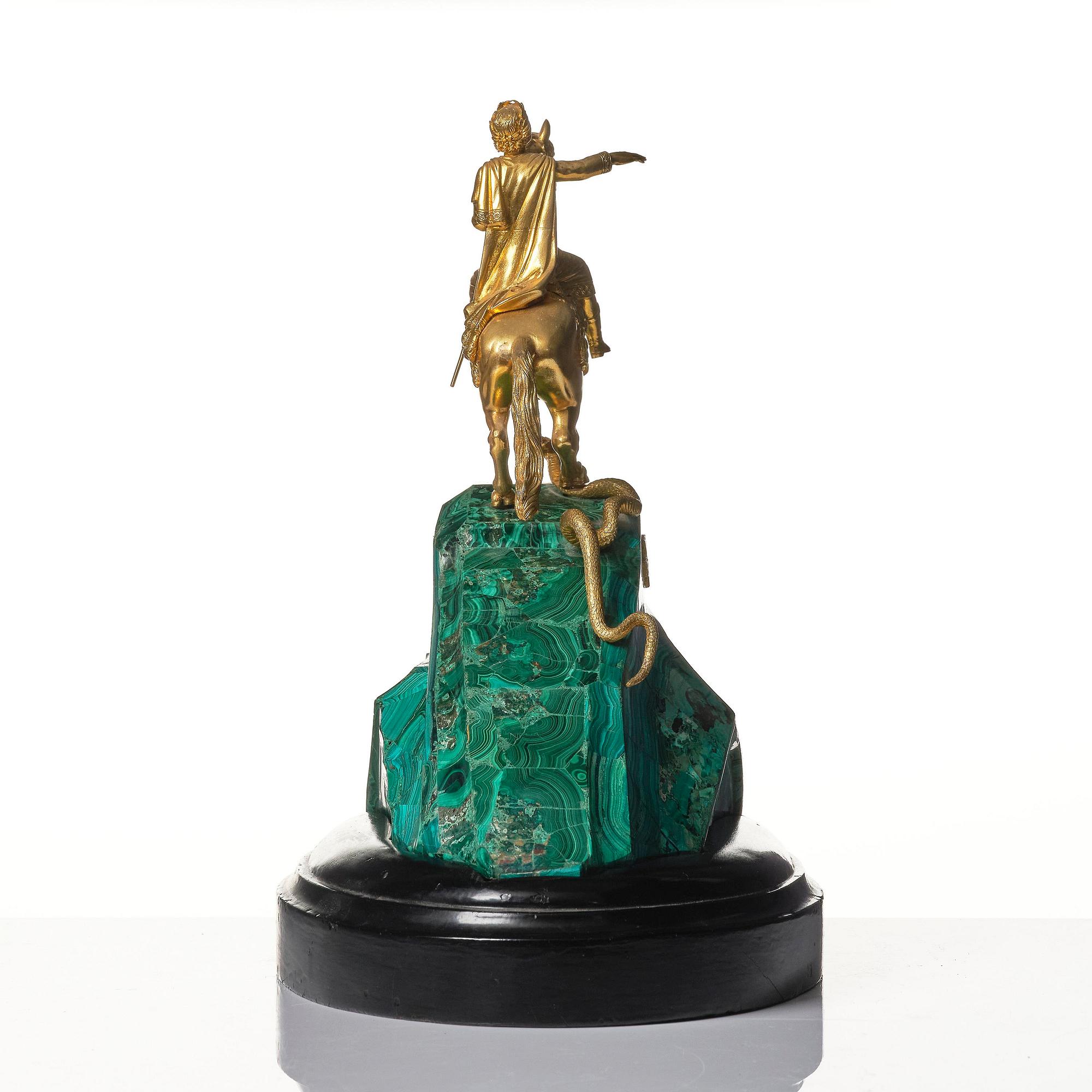 A malachite and gilt bronze sculpture of Peter the Great on horseback after Falconet, 19th century.