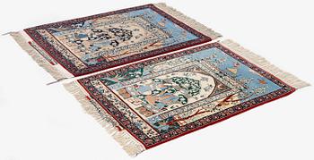 Mattor, ett par, figurala, Isfahan, centrala Persien, signerade (Mohammad) Seirafian, ca 120 x 77 resp 114 x 74 cm.