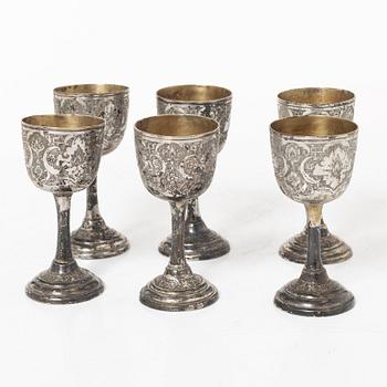 Six silver cups and tray, silver, Iran, 20th century.
