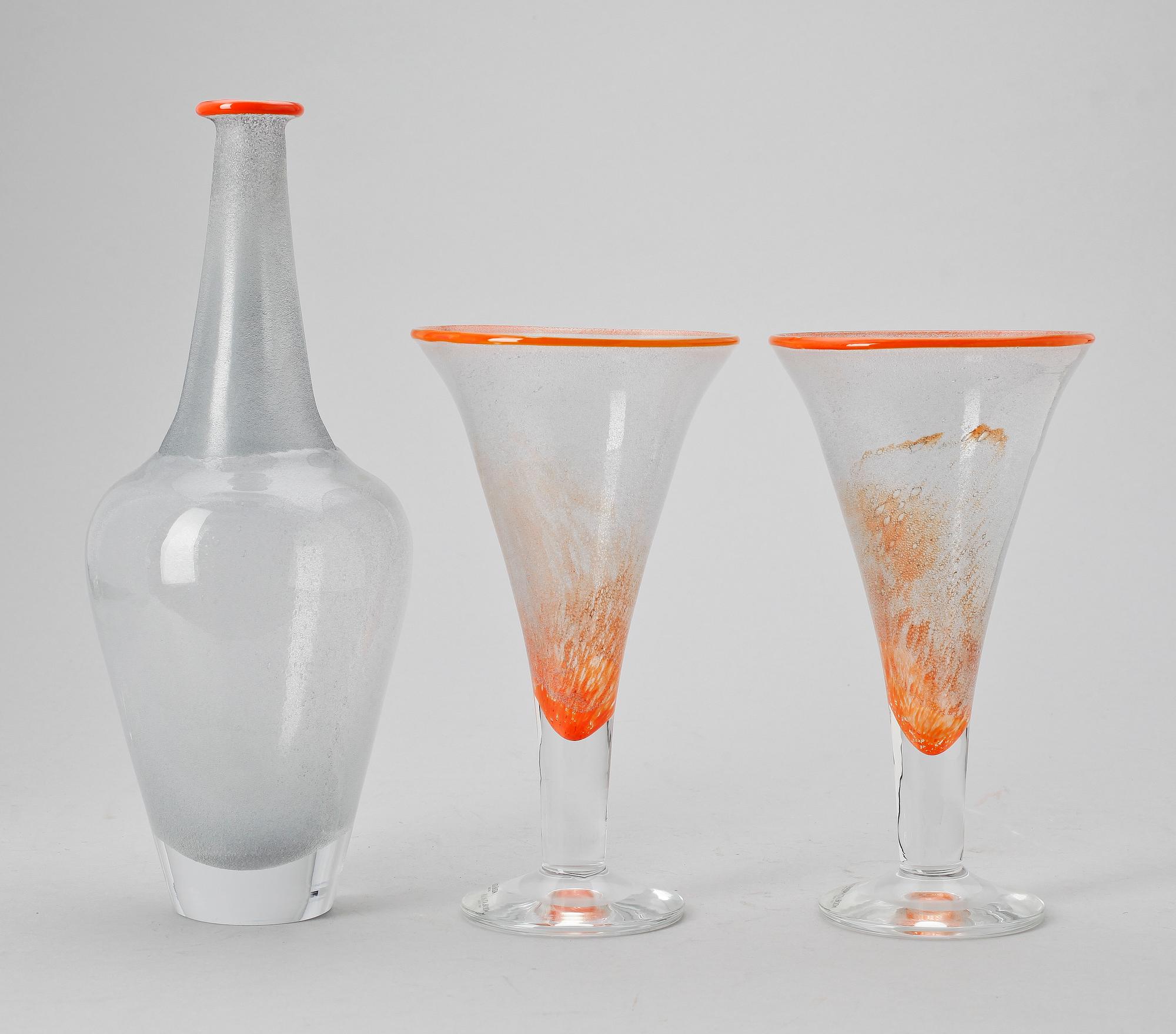 KARAFF MED GLAS, glas, 3 delar, Monica Backström, Kosta Boda, sign.