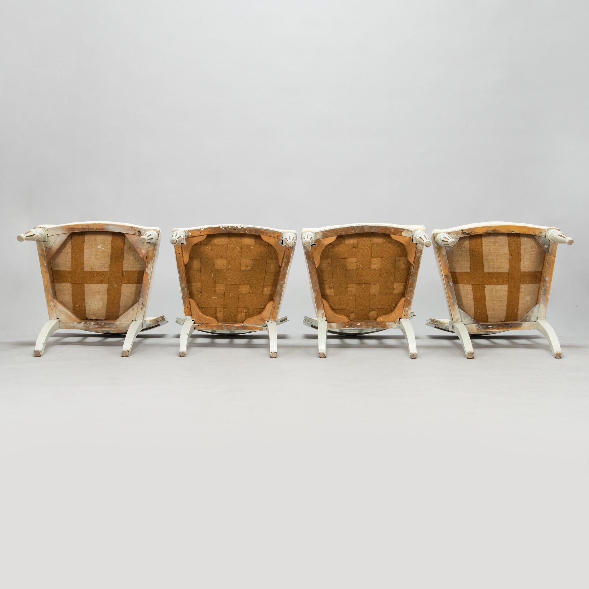 Four late Gustavian Stockholm chairs one signed EÖM  Erik Öhrmark turn of 18th/19th Century.