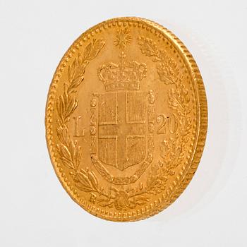 Coin, guld 21,6K (900), L 20 Italien 1882, vikt c 6,4 g.