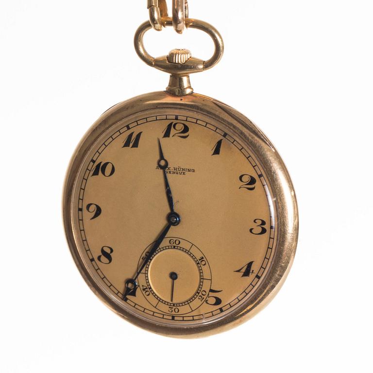 FICKUR, 18k guld, Alex Hüning, Geneve, 1900-talets början. Total vikt ca 80 gram.