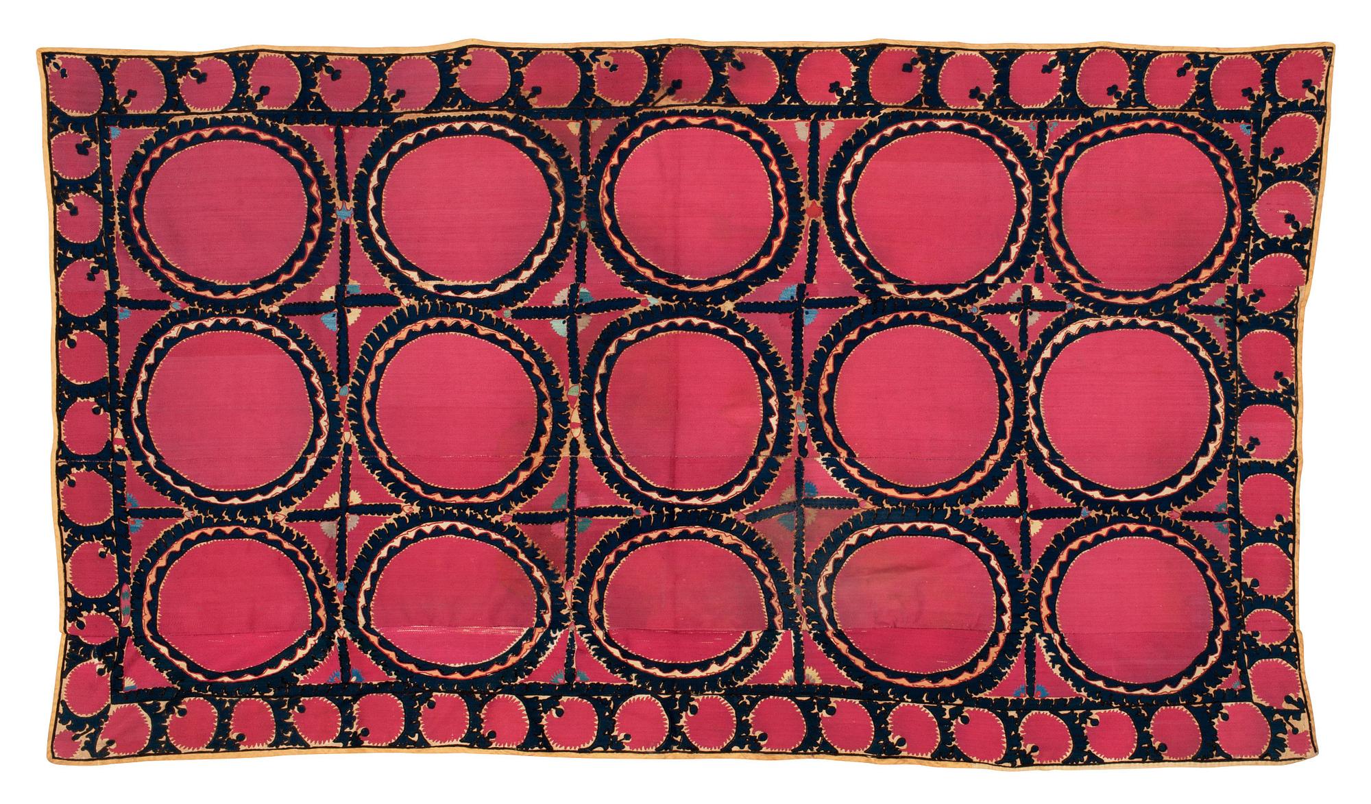 ANTIQUE UZBEK SUZANI EMBROIDERY. 253,5 x 142 cm (as well as 246x35, 108x9 and 138x7 cm).