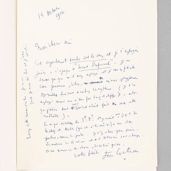 JEAN COCTEAU (1889-1963), egenhändigt brev, sign o dat 14 oct med otydligt år.