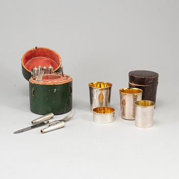 Two Swedish early 19th century boxes with silver beakers and cutlery, mark of JF Bjornstedt, Stockholm 1815.