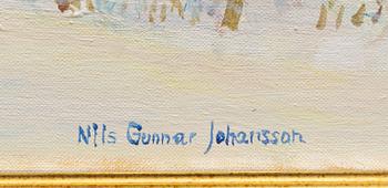 Nils Gunnar Johansson, Vinterlandskap med stugor vid fjäll.
