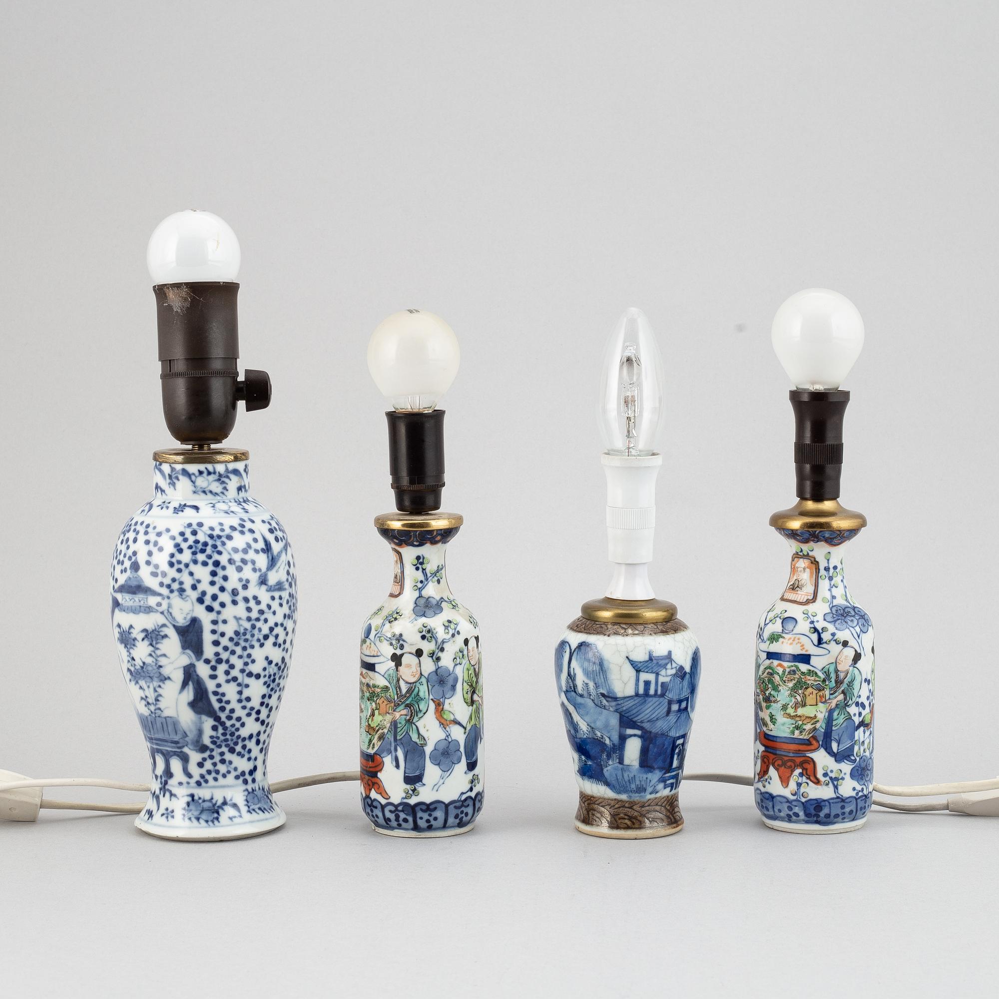 Four different vases, turned into table lamps, Qing dynasty, late 19th/early 20th century.