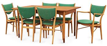 72. A Finn Juhl dining set of a teak and beech table, four beech 'BO-63' chairs and two armchairs, Bovirke. Denmark.