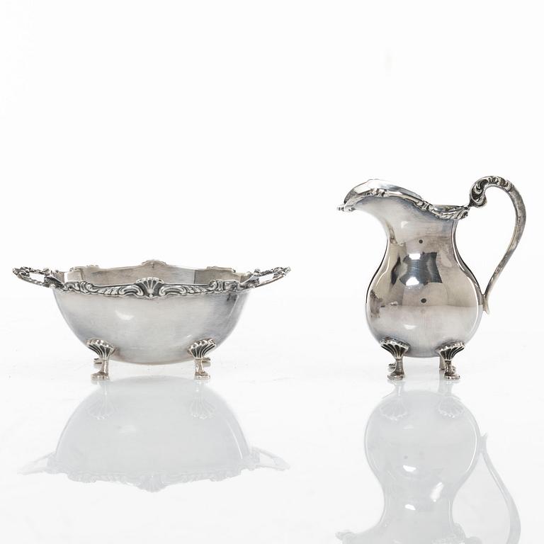 Cream jug, sugar bowl, and tray, silver, Rococo style, 20th century.