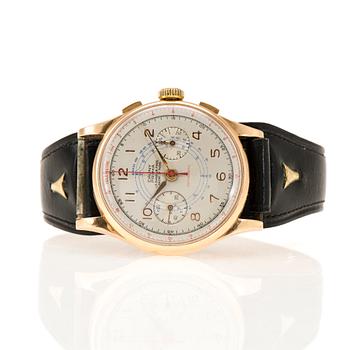 ARMBANDSUR, herr, Cauny Prima, chronograf, 18K guld. Läderarmband. 1960-tal.