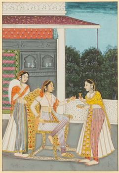 Unidentified artist, Elegant ladies in a palace setting, India, 20th century.