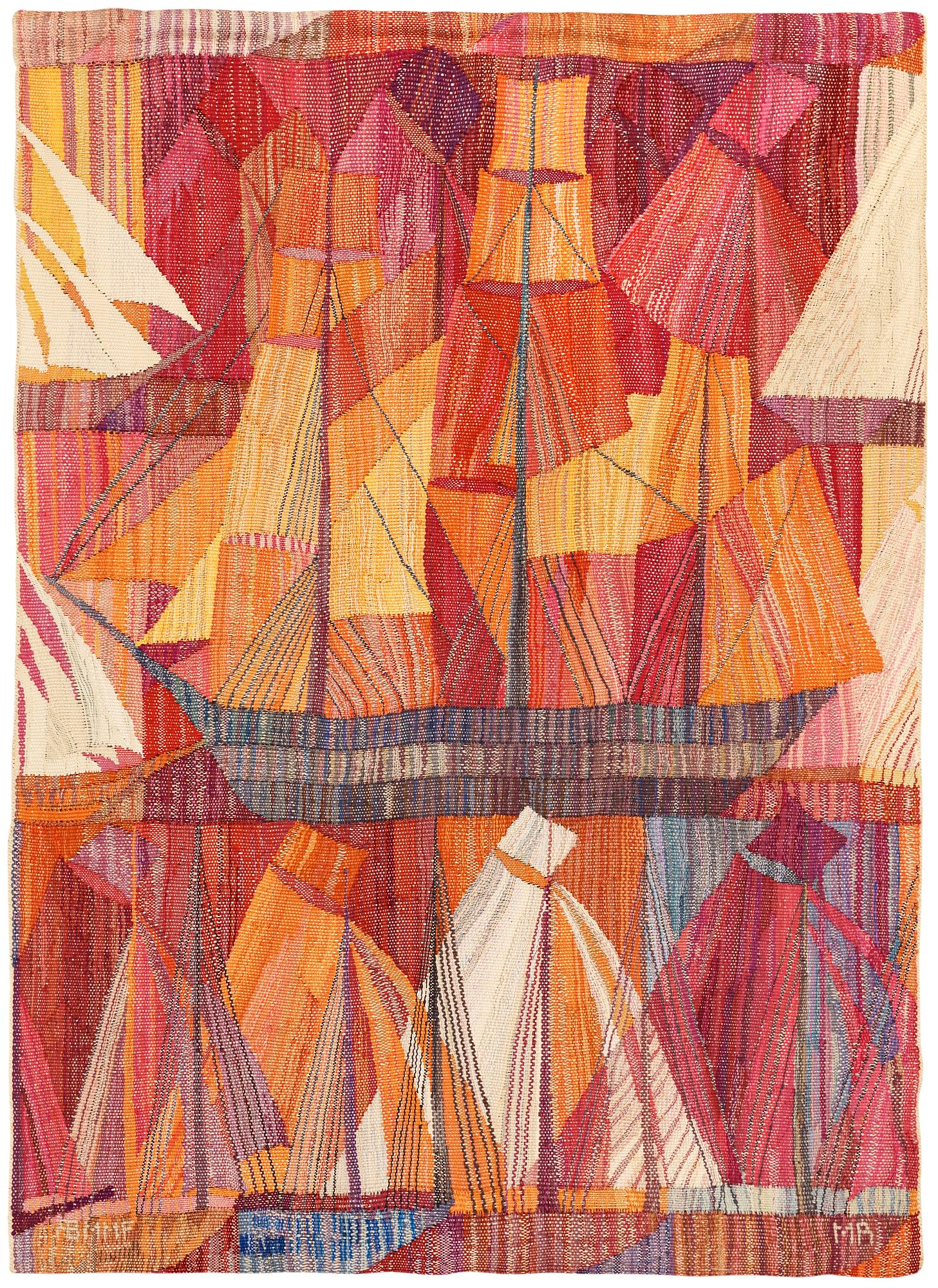 VÄVD TAPET. "Skutor, röd". Gobelängvariant. 134 x 97 cm. Signerad AB MMF MR.