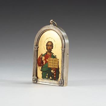A Russian early 20th century parcel-gilt icon, marks of  Pavel Ovchinnikov, St. Petersburg 1899-1908.