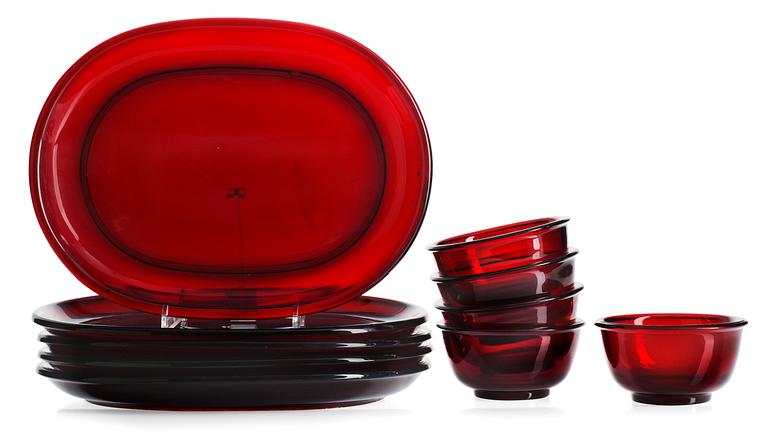 A Josef Frank set of 5 red glass plates and 5 bowls for Svenskt Tenn.