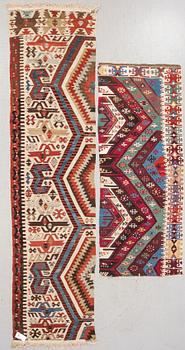 KELIM, 2 st. Anatolien. Ca 201 x 82 cm och 320 x 79 cm.