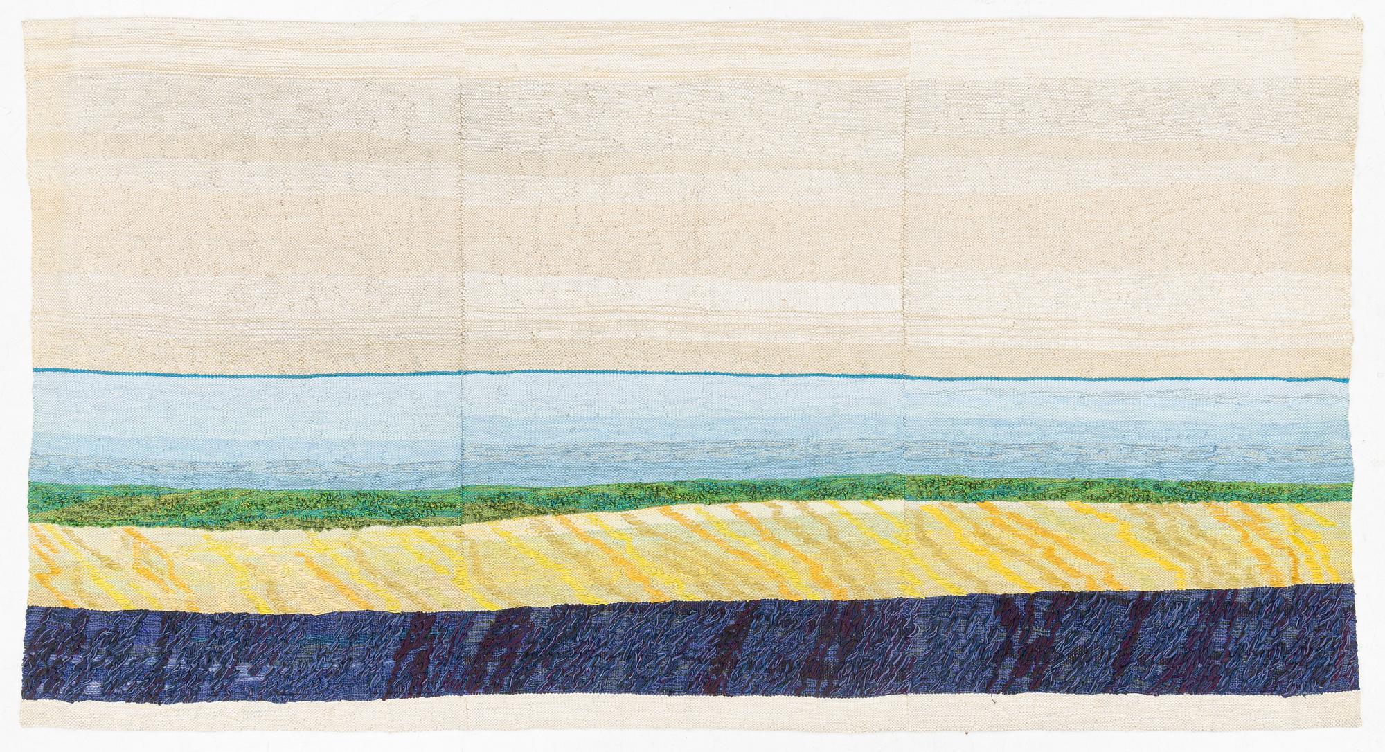 A three-piece woven wall hanging, signed  R. Murikoff and dated -77, c. 150 x 290 cm each.