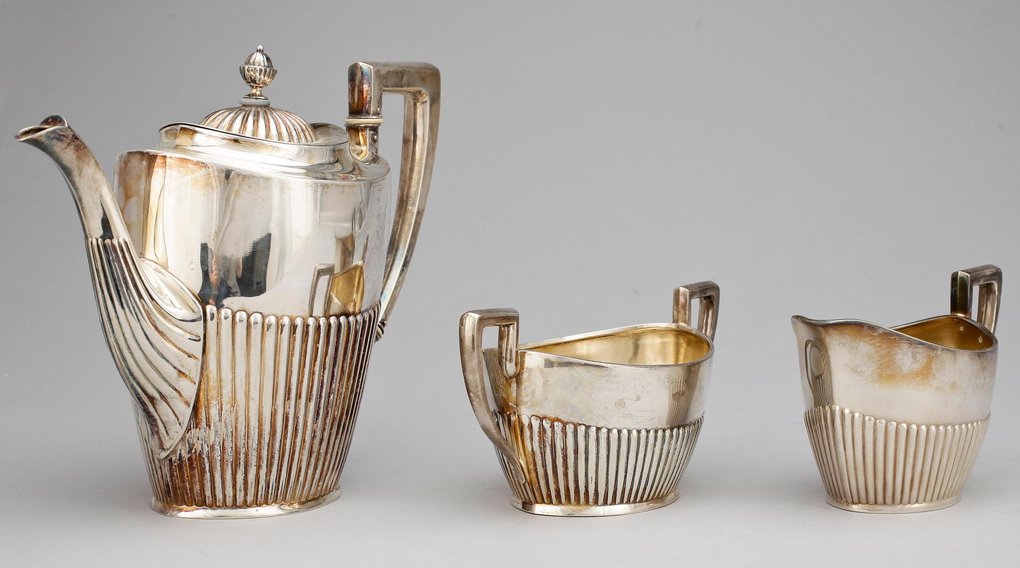 KAFFESERVIS, 3 delar, silver, empirestil, Svedboms, Vetlanda, 1918. Totalvikt ca 934g.