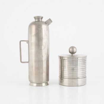 Maja-Lisa Ohlson, cocktailshaker samt burk med lock, två delar, funkis, Guldsmedsaktiebolaget (GAB), Stockholm 1937-38.