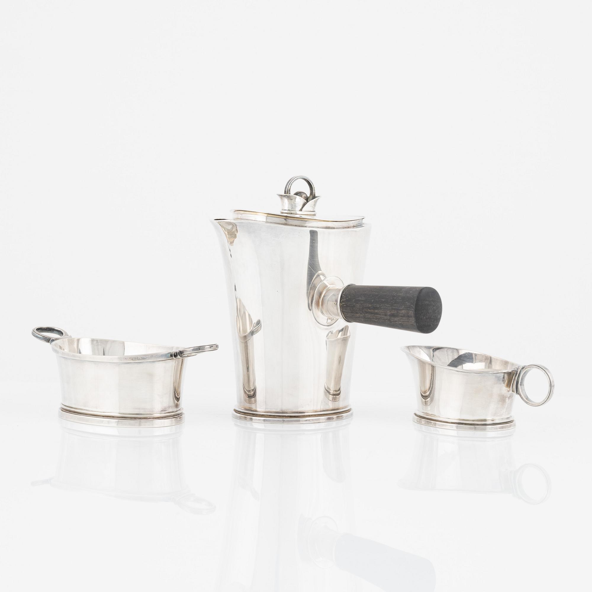 Kaffeservis, 3 delar, silver, Guldsmedsaktiebolaget GAB, Stockholm 1949.