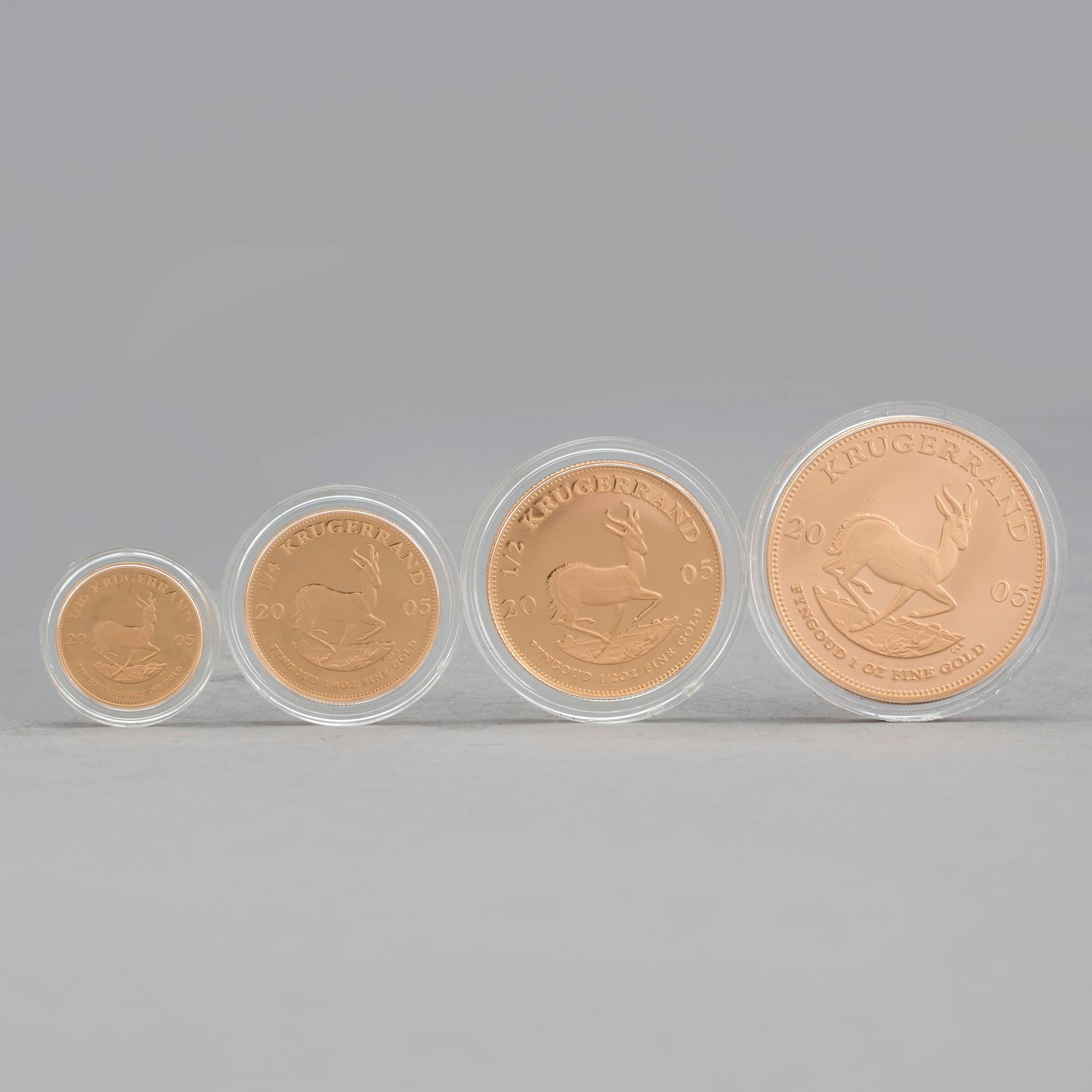 SAMLARMYNT, 4 st, 22 k guld, "Star of Africa Krugerrand Set", numrerad 477/700. Tot guldvikt 63 g.
