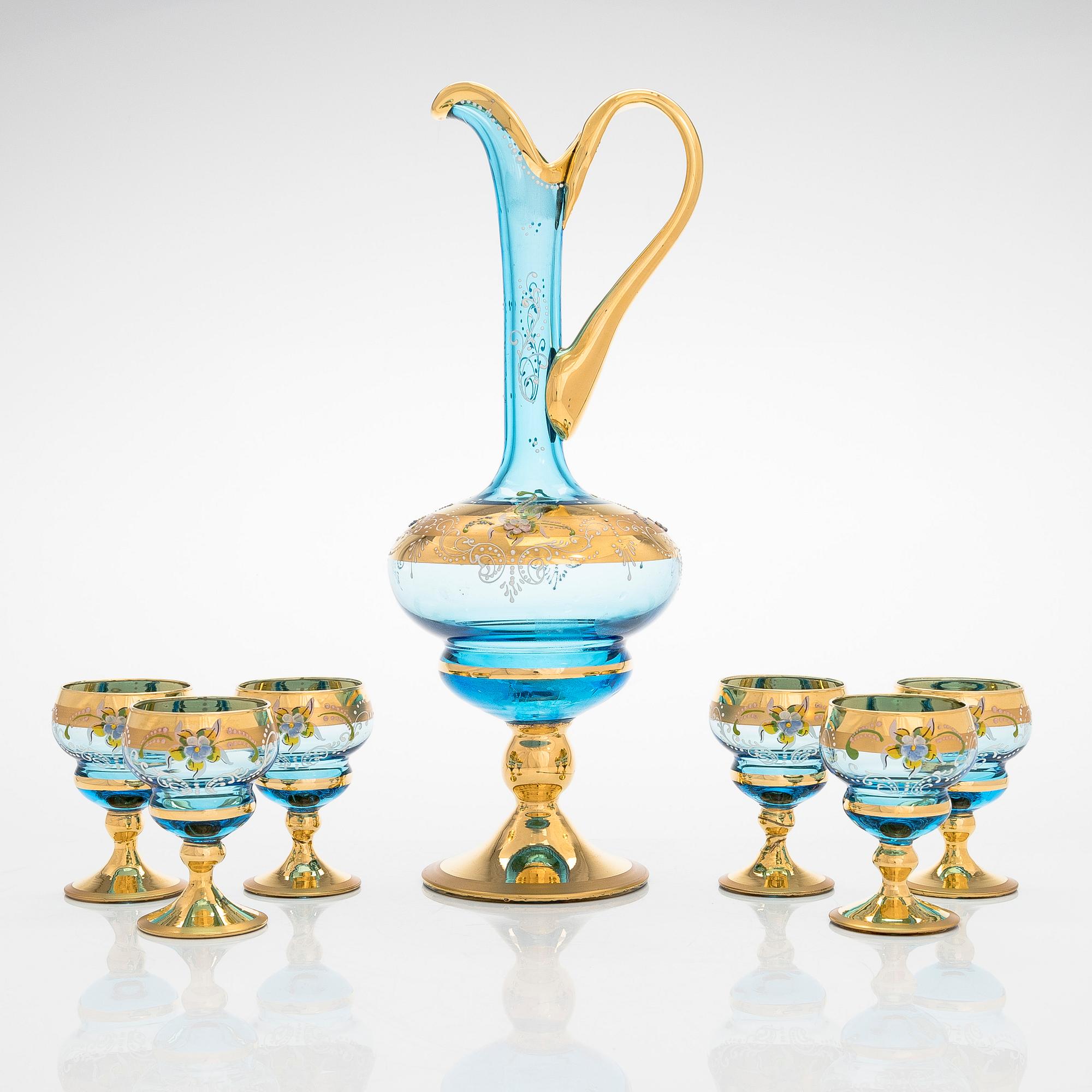 Karahvi ja kuusi juomalasia, Murano, 1900-luvun puoliväli.