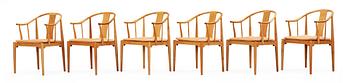 80. A set of six Hans J Wegner cherrywood and beige leather 'China chairs', Fritz Hansen, Denmark 1988 and 1994.