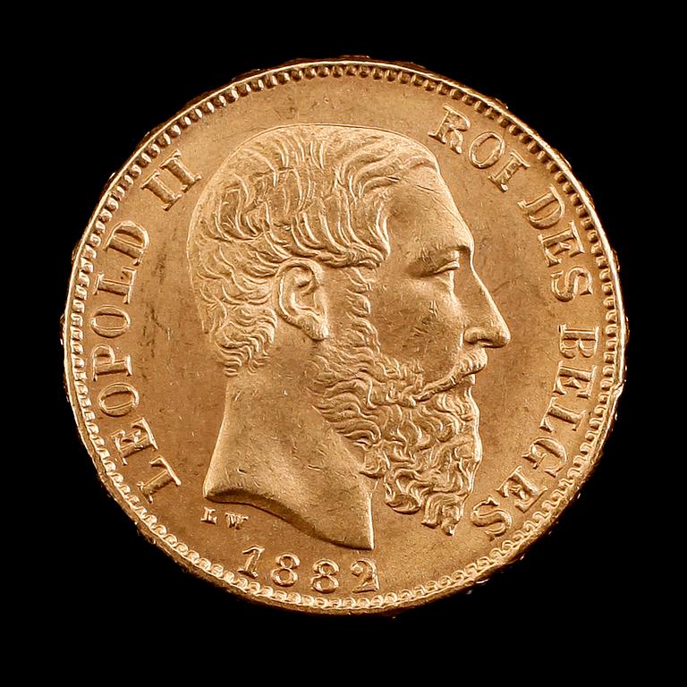 GULDMYNT, 20 franc, Leopold II, Belgien, 1882. Vikt ca 6 gram.