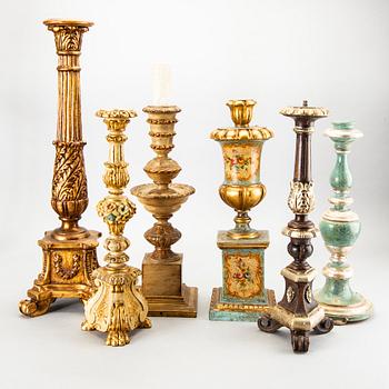 Six Louis XV- and Louis XVI- style wood table lamps. Mid 20th century from Paoletti, Firenze Italy.