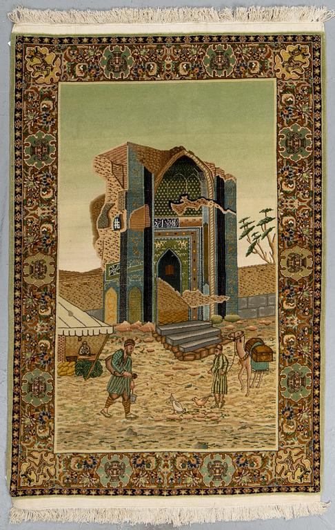A rug, an old Pakistan probably, figural, ca 146 x 97-100 cm (as well as 3 cm flat weave at the ends).