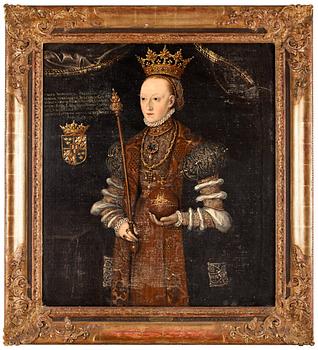 Johan Baptista van Uther Hans efterföljd, "Drottning Margareta Leijonhufvud" (1516-1551), iklädd broderad och pärlbeströdd dräkt bärande riksregalierna, knäbild.