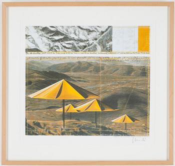 CHRISTO, 2,st, färgoffset med tygkollage, 1999, signerad, tryckt av Domberger och med deras blindstämpel.