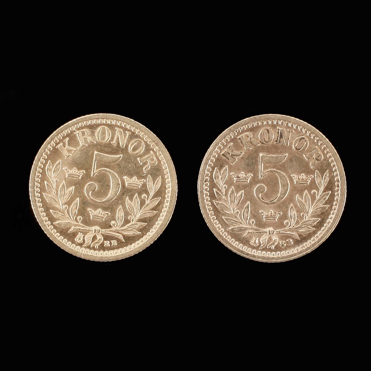 GULDMYNT, 2 st, 5 kr, Oscar II, 1881 resp 1886. Vikt ca 4,5 g.