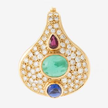 Pendant, 18K gold set with brilliant-cut diamonds and cabochon-cut emerald and sapphire, and faceted ruby.