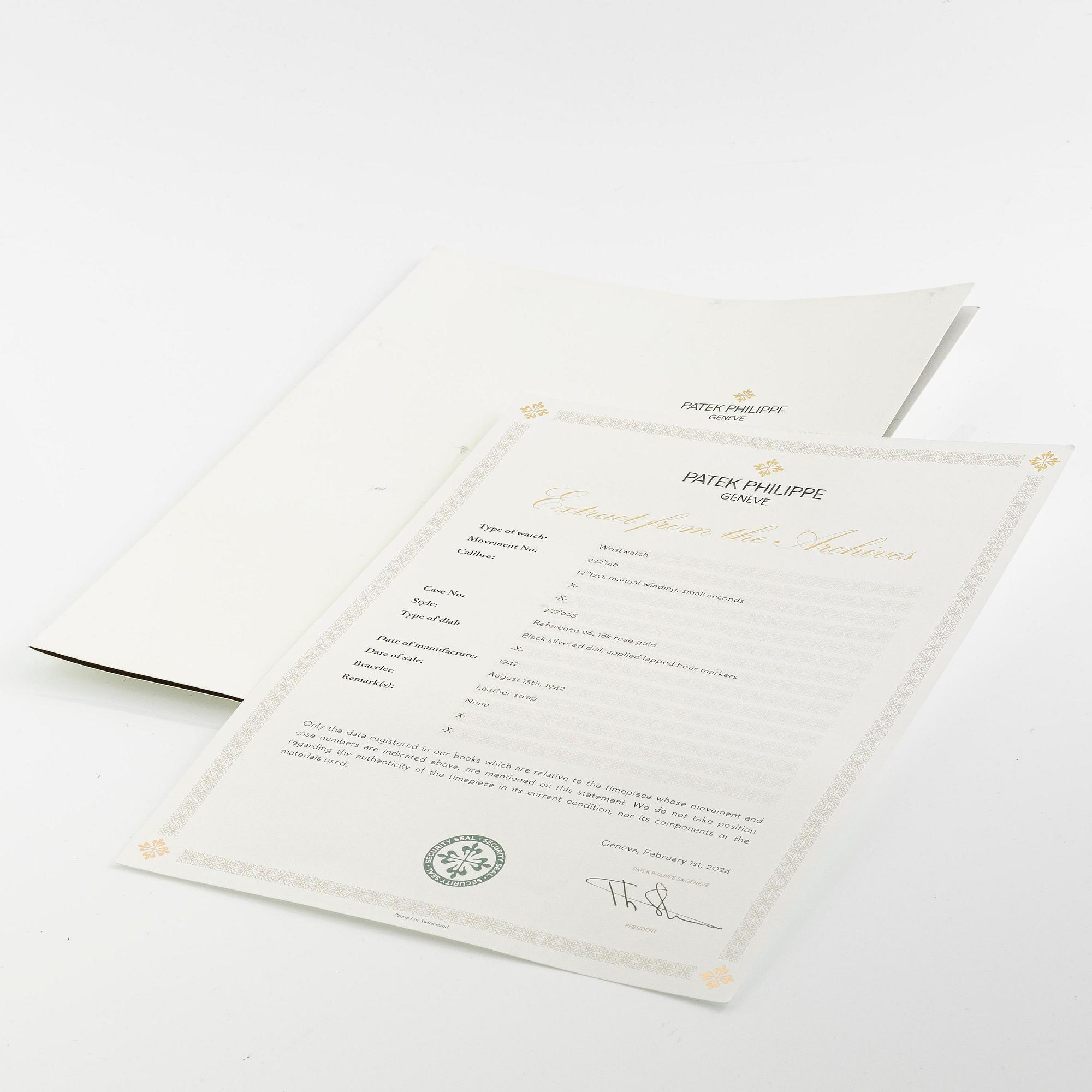 Patek Philippe, Calatrava, "Rose Gold 96", ca 1942.