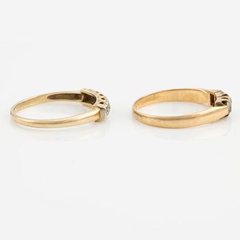 Rings, 2 pcs, 14K gold and 18K gold with small diamonds.