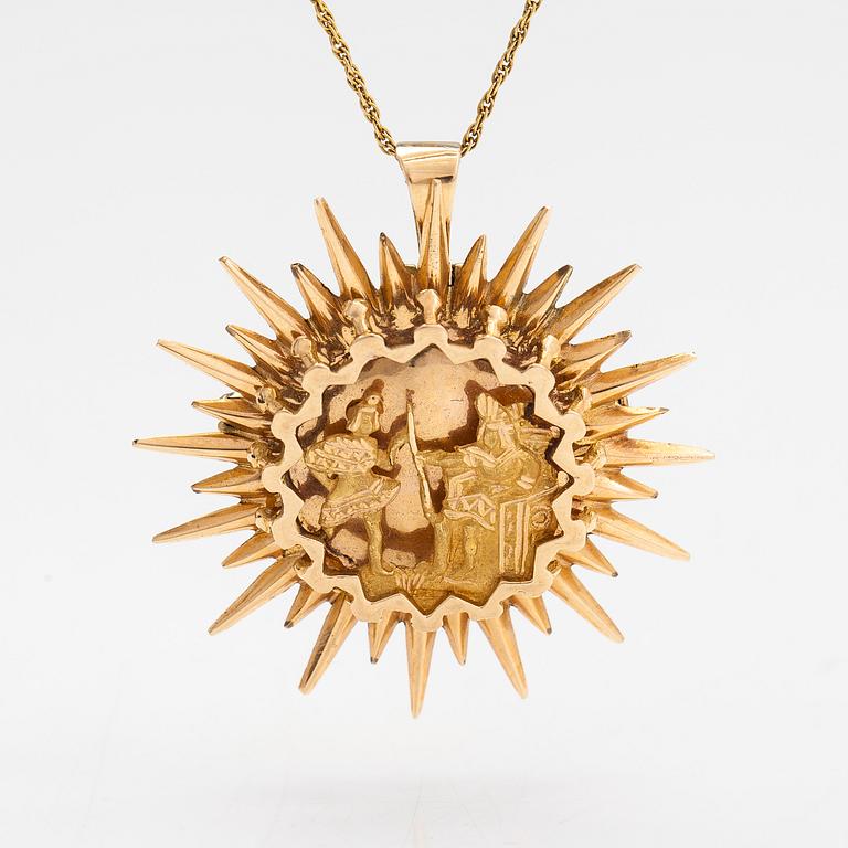Halsband med hänge/brosch, ca 17K guld, Inka-motiv, Peru.