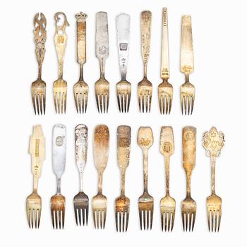 A set of sterling silver and enamel christmas cutlery, Michelsen, Denmark 1940s-1960s (34 pieces).