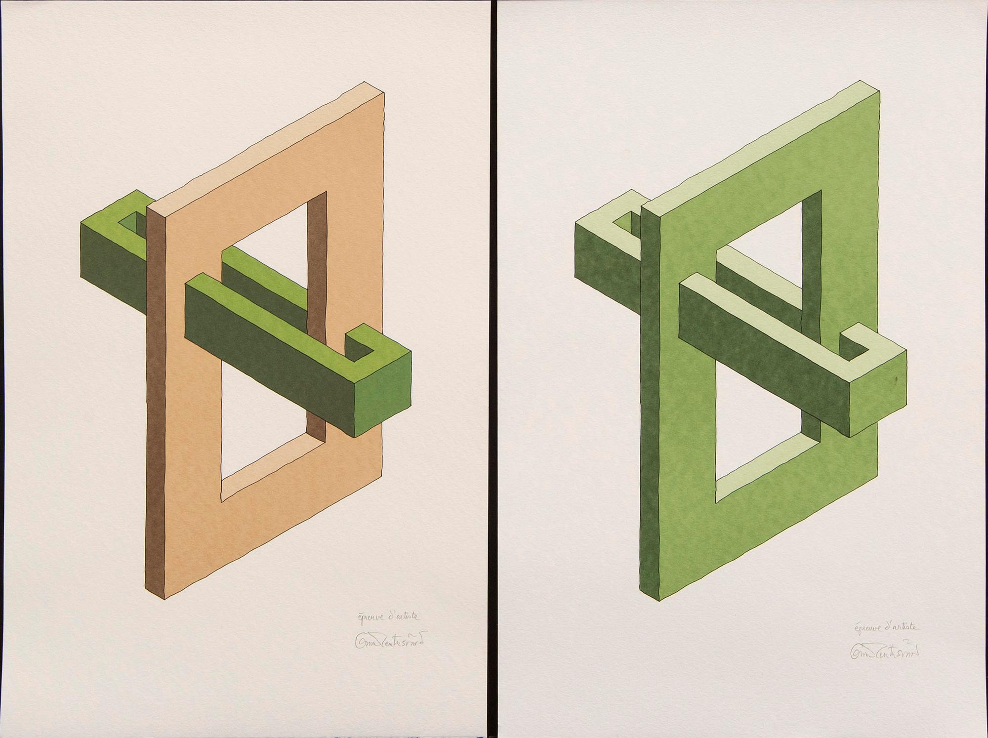 Oscar Reutersvärd, three color lithographs, signed épreuve d'artiste.