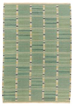 222. Barbro Nilsson, matto, "Falurutan grön, Alice", flat weave, ca 218 x 146,5-150,5 cm, signed AB MMF BN.