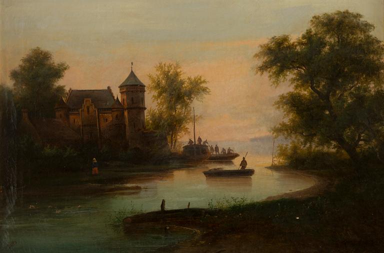 Skymningslandskap med figurstaffage.