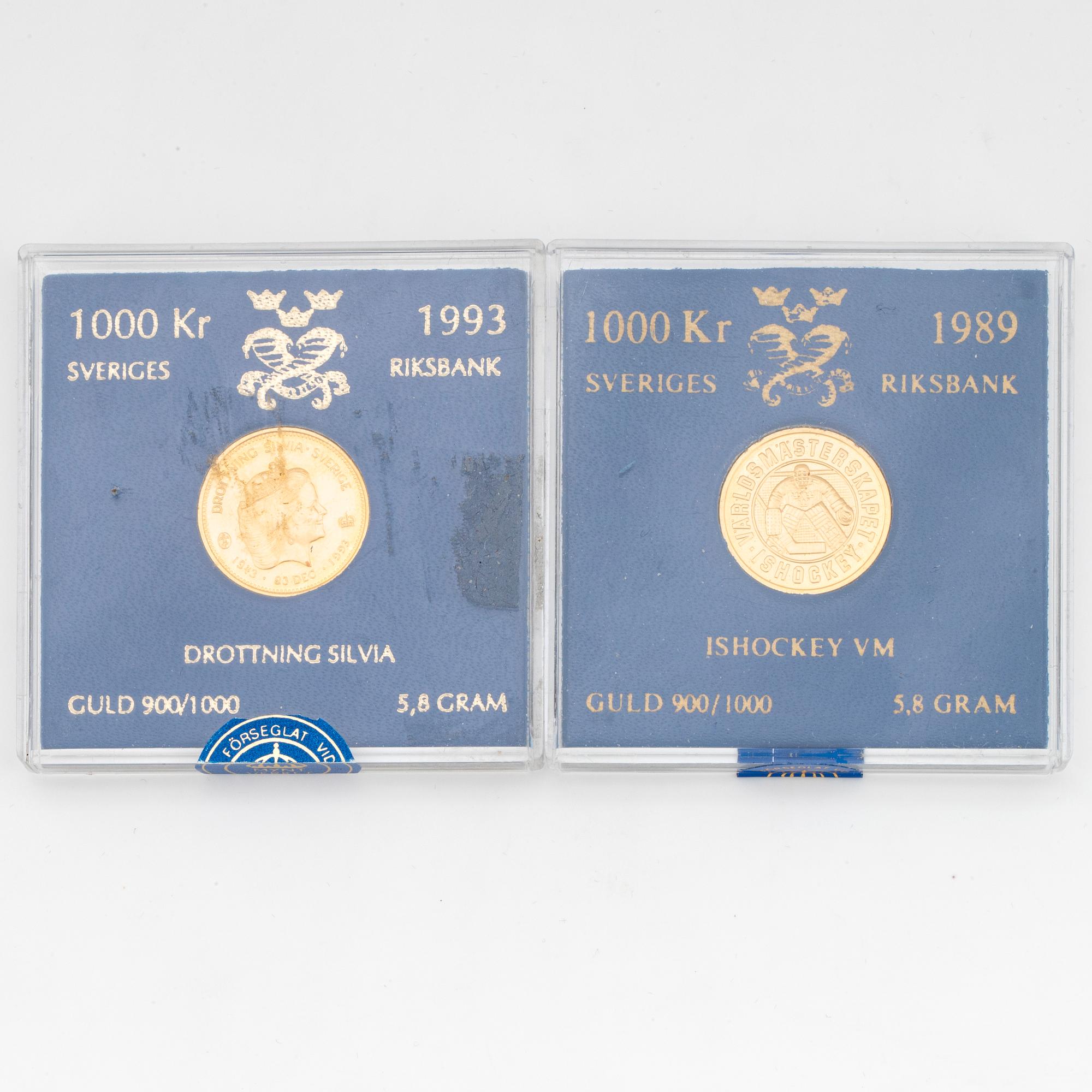 Two gold coins, 5,8 g + 5,8 g gold 900/1000.
