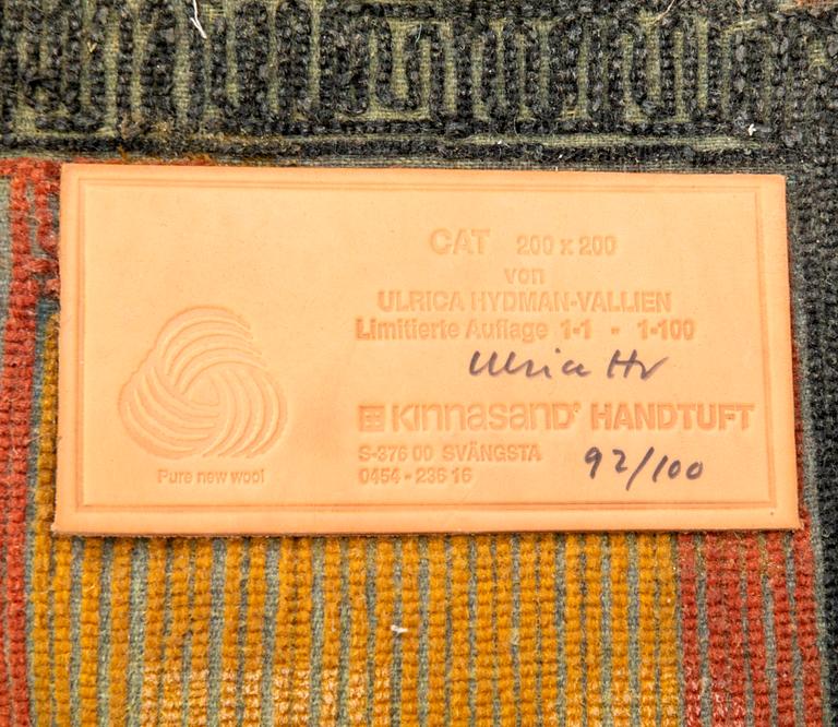 Ulrica Hydman-Vallien, rug, "Cat", floss, Kinnasand, limited edition no. 92/100, approx. 200x200 cm.