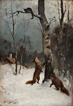 Bruno Liljefors, "Rävar och katt, vinterlandskap" (Foxes and cat, winter landscape).