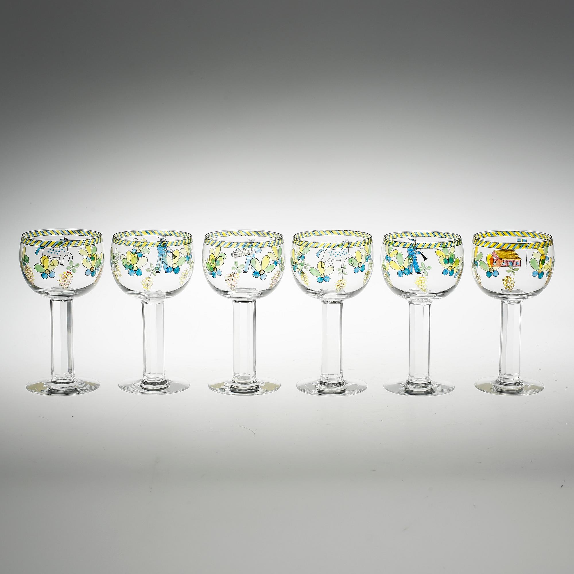 POKALER 6 st, Gunnar Cyrén, Orrefors, omkring 1970. Formgivna 1968. Emaljmålad dekor.