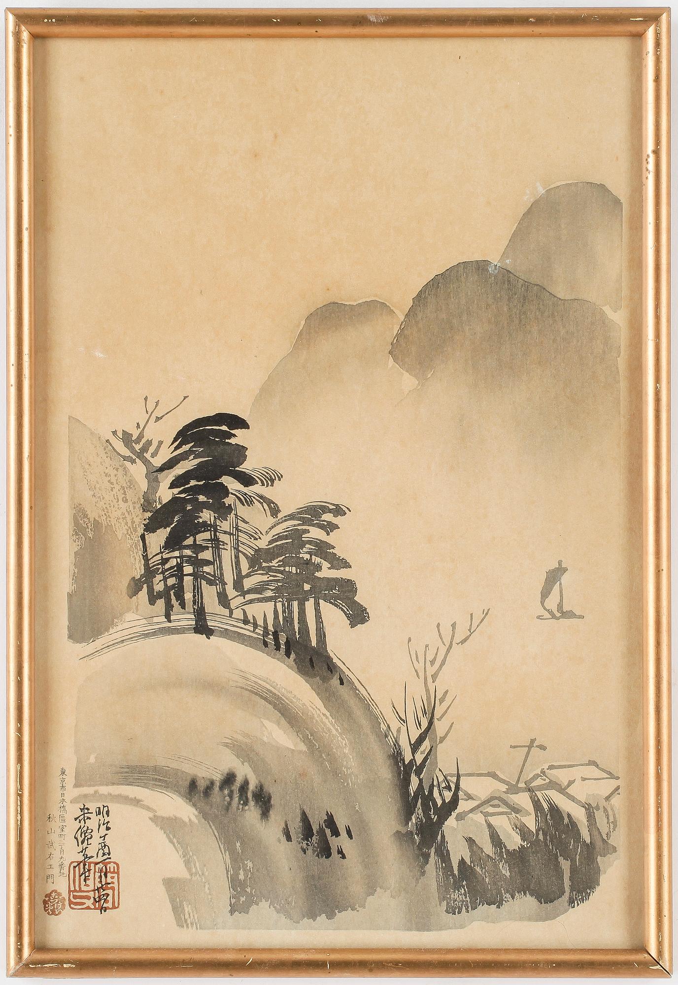 OKÄND KONSTNÄR, 9 st, träsnitt samt akvareller, Japan, 1800/1900-tal.