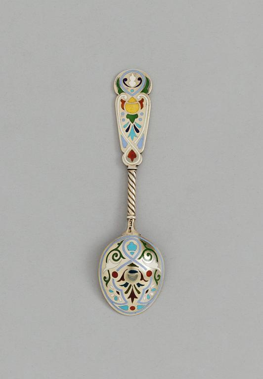 A RUSSIAN SILVER-GILT AND ENAMEL SPOON, makers mark of Petrovich Chlebnikov, Moscow 1908-1917.
