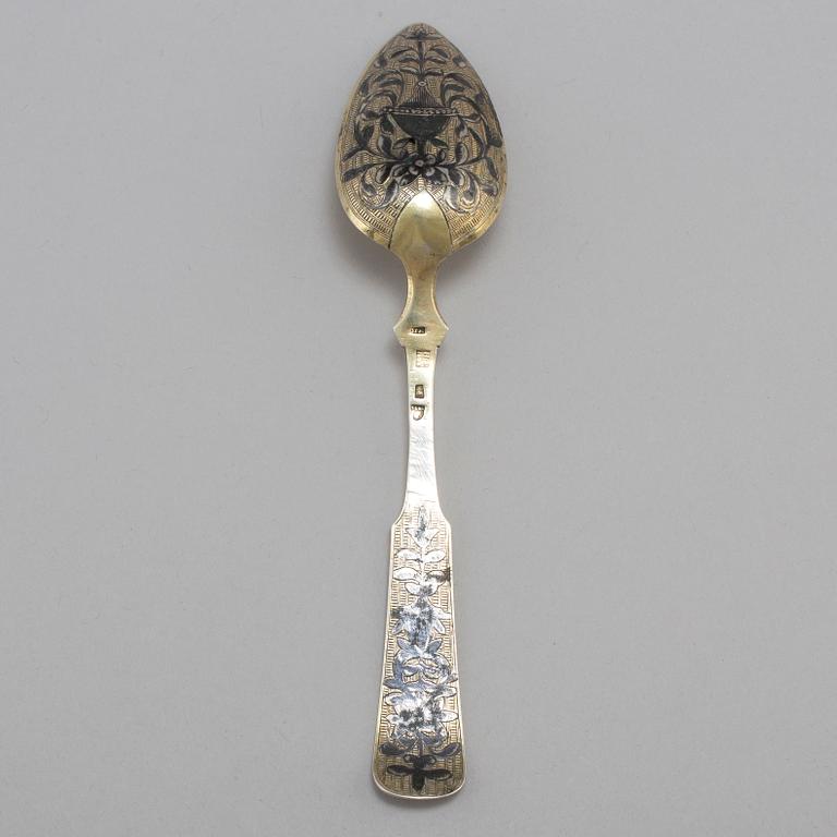 A Russian 19th century silver-gilt and niello spoon, unidentified makers mark, Moscow 1835.