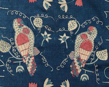 CARRIAGE CUSHION, EMBROIDERED. "Papegojor". Scania, Sweden, 1776. 60,5 x 93 cm.