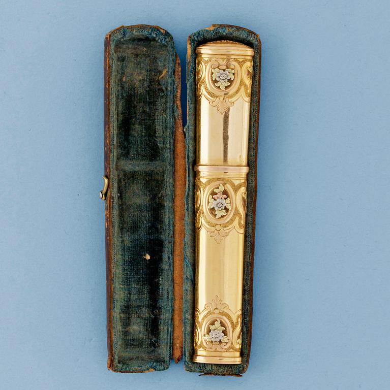 NÅLHUS, guld 18k, en quatre couleurs, av Hans Henrik Wihlborg, Stockholm 1789.